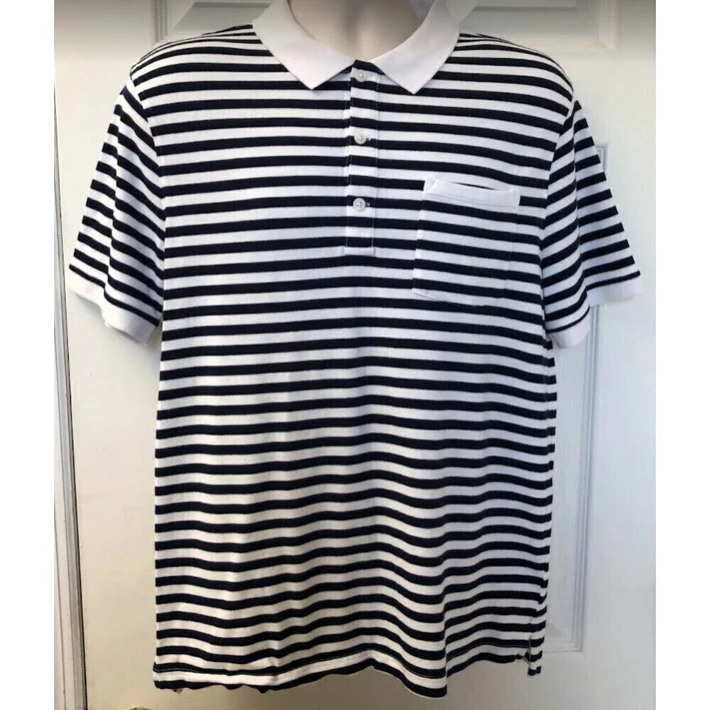J Crew Authentic Men's Navy Blue Striped Polo Shirt Large Stretch Pique Knit